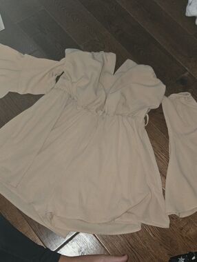 Beige Off-Shoulder Long Sleeve Peplum Top